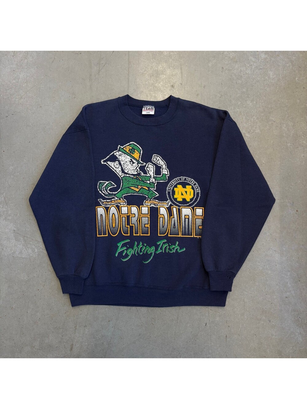 Vintage 90s Notre Dame Fightin Irish Mascot Flawed Graphic Sweatshirt Large Navy